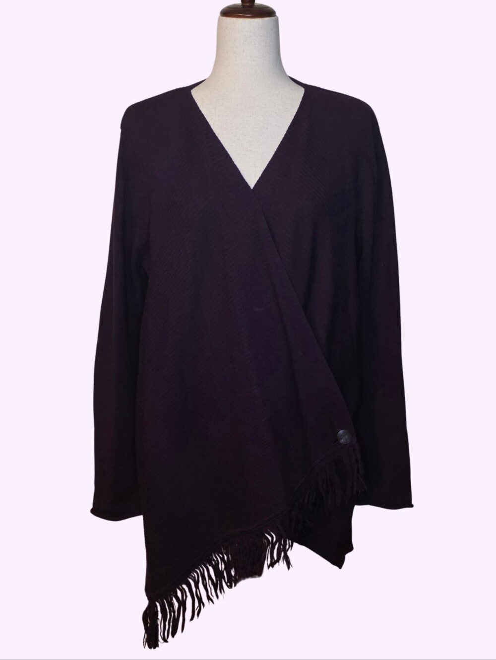 David Brooks Italian Merino Wool Purple Fringe Wrap Cardigan